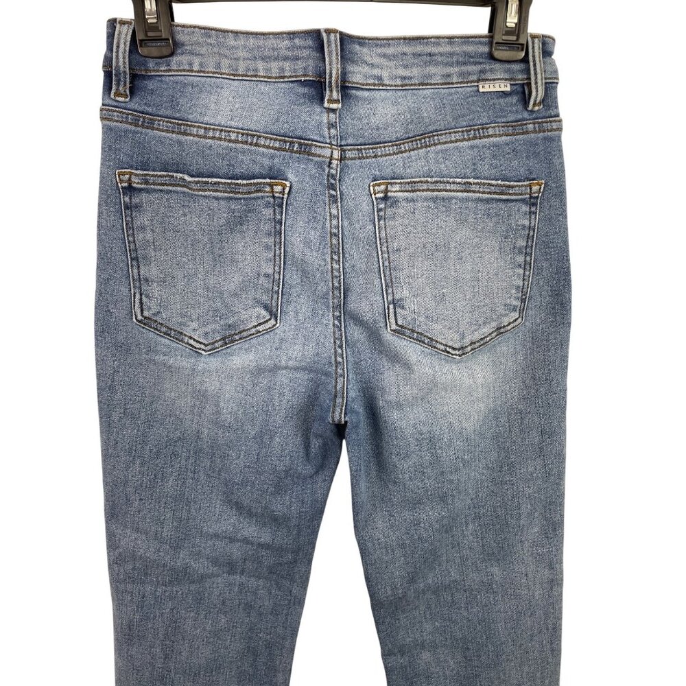 Risen High Rise Cuffed Distressed Light Blue Straight Leg Jeans Womens Size 7/28 - Picture 6 of 10